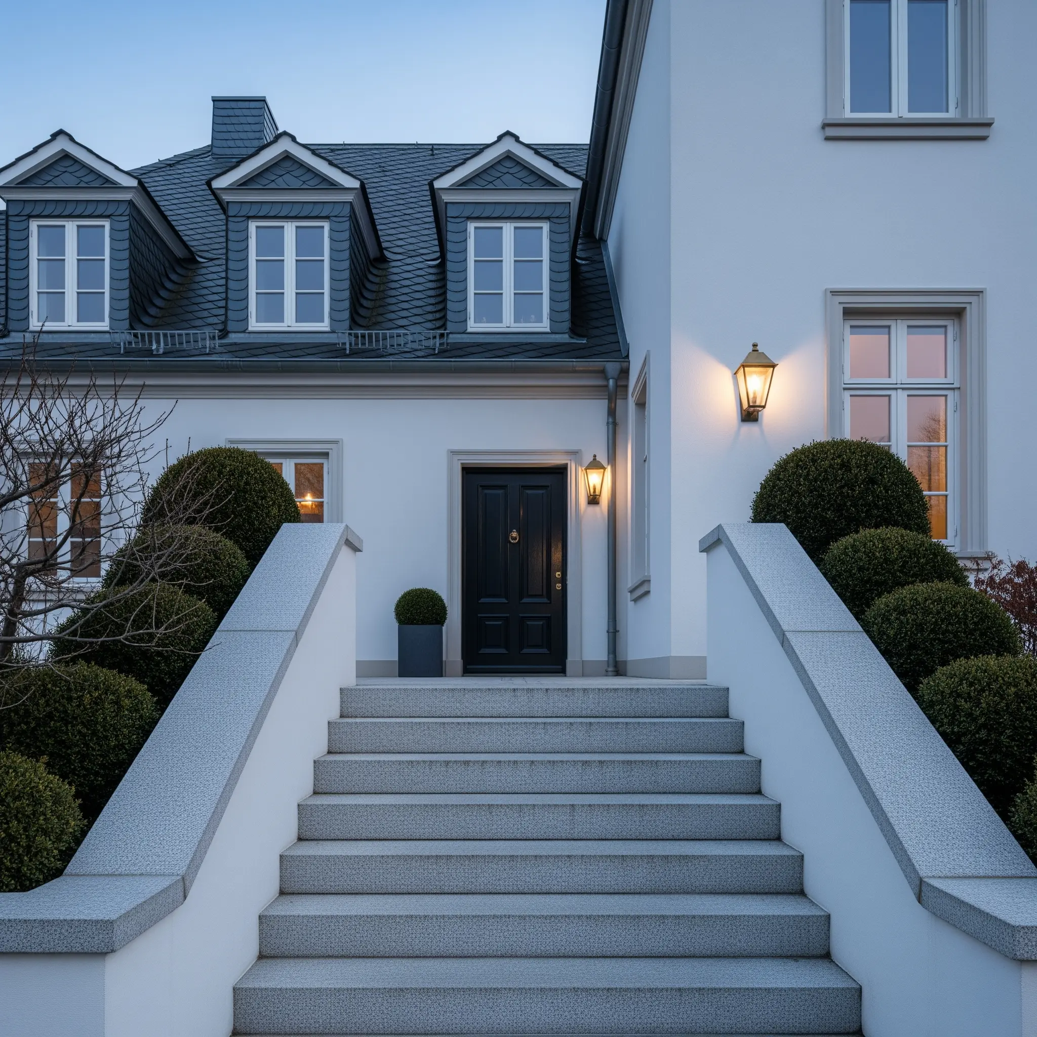 Weiße Villa mit Freitreppe in der Abenddämmerung